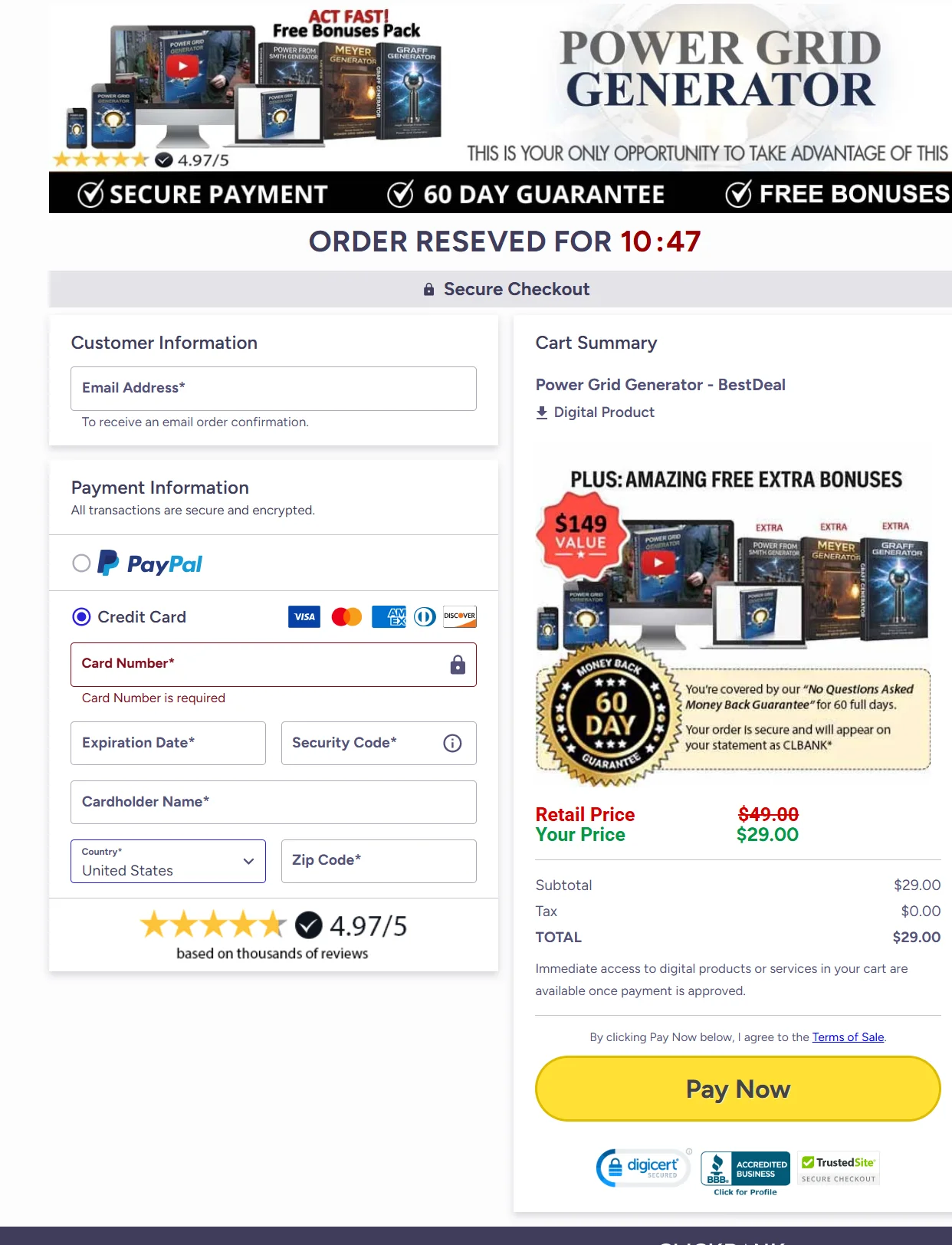 Power Grid Generator order page